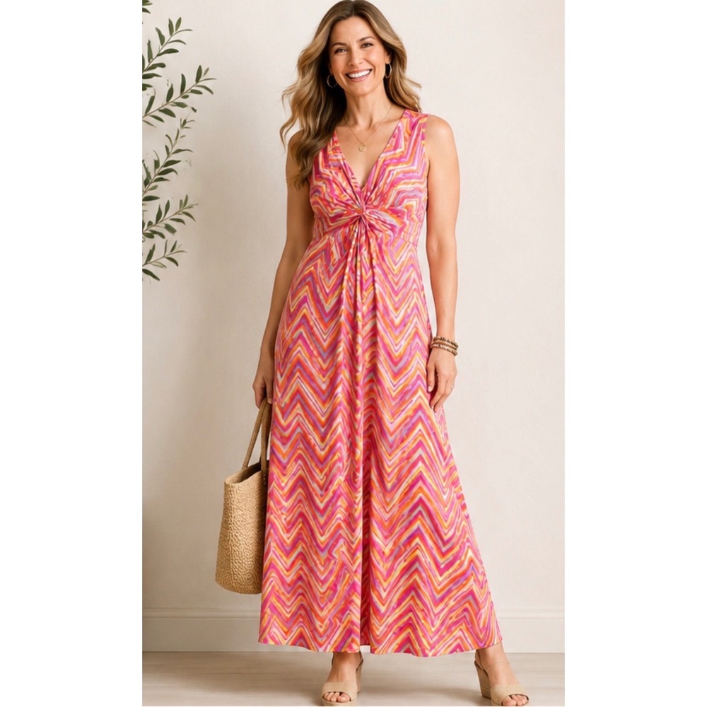 Soft Surroundings Giselli Maxi Dress PL Pink Orange Chevron Twist Front